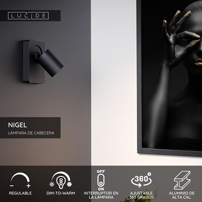 Lucide NIGEL - Lámpara de cabecera / Lámpara de pared - LED Dim to warm - GU10 - 1x5W 2200K/3000K - Con punto de carga USB - Negro